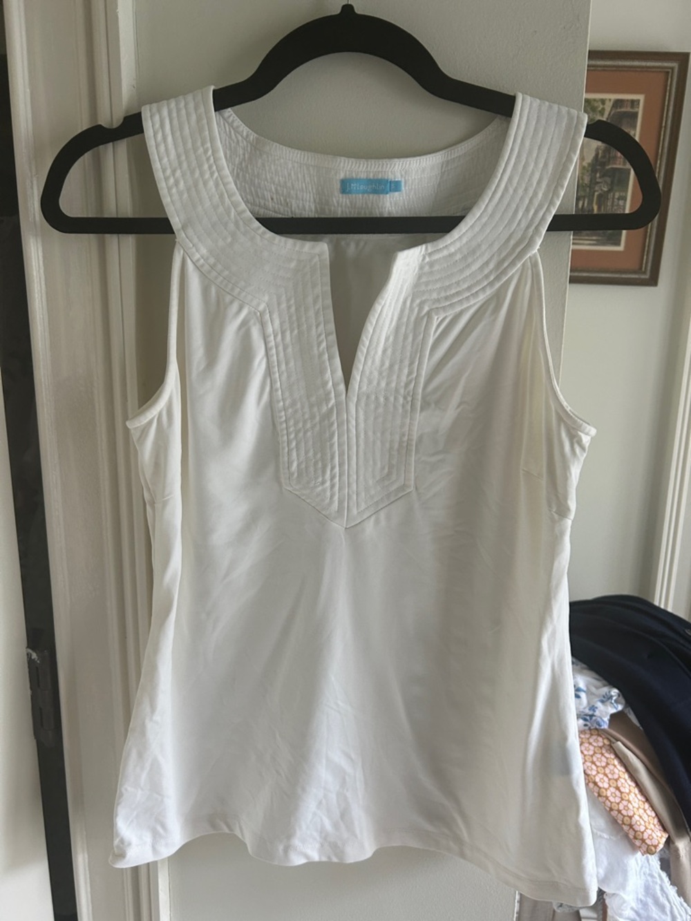 Sleeveless White Embroidered Yoke Tank Top